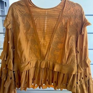 Iro Embroidered Ruffle Eyelet Blouse - Mustard - Size 36 (US 4)
